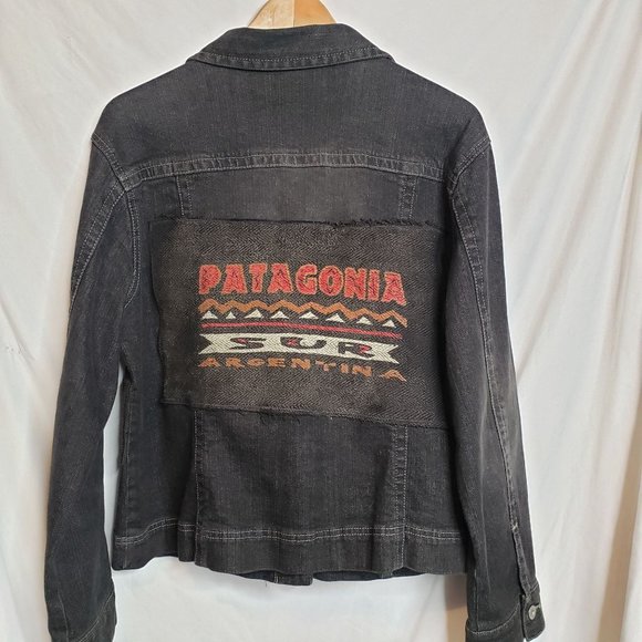 Upcycled Black Denim Jacket Adult Size Large Argentina Panel On Back - Picture 6 of 9